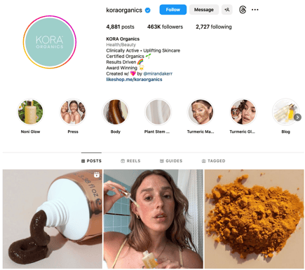 Kora Organics' Instagram Account