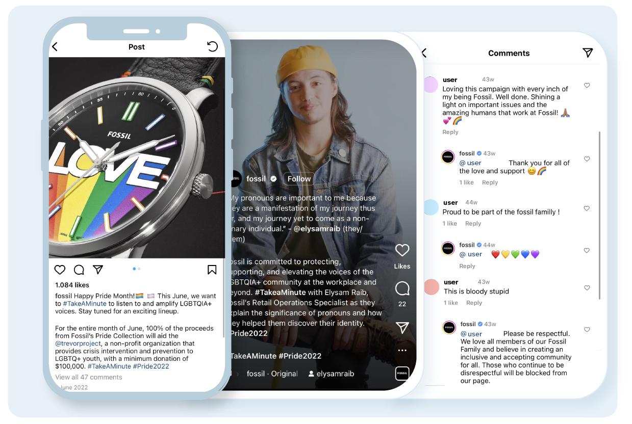 Fossil social media Pride posts and comments